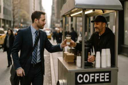 Businessman in a suit receives a cup of coffee from a street vendor. The interaction takes place on a bustling city street with taxis in the backgroundの素材