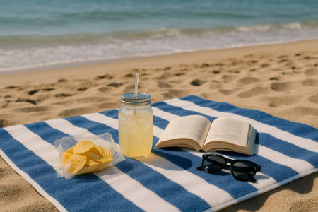Serene beach setup featuring a book, lemonade, sunglasses, and chips on a striped towel, capturing the essence of a perfect day by the seaの素材