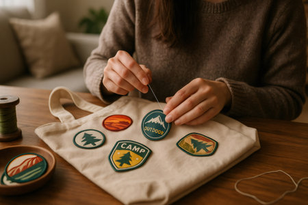 Close up of a craftswoman sewing embroidered patches onto a tote bag, adding a personal touch to her accessoryの素材