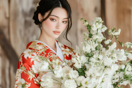 Studio shot of elegant Japanese bride wearing red kimono with gold decorations, holding bouquet of white flowersの素材