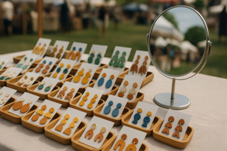 Variety of colorful handmade earrings showcased on a table at an outdoor market, with a mirror reflecting the lively atmosphereの素材