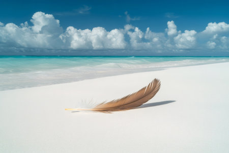 Single brown feather lies on smooth white sand of tropical beach with turquoise ocean and blue sky with white clouds in backgroundの素材