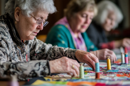 Senior women are working together on a vibrant patchwork quilt, demonstrating their crafting skills and enjoying a shared activityの素材