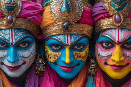 Close up of Kathakali dancers showcasing vibrant makeup and ornate headgear, representing characters from epic Hindusの素材