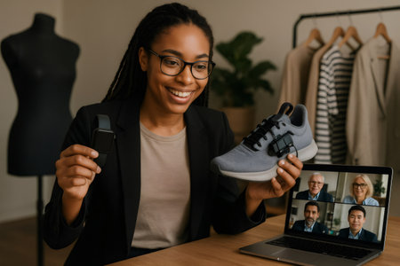 Enthusiastic presenter displays a smart shoe and smartwatch during an online business meeting, highlighting the intersection of technology and fashionの素材