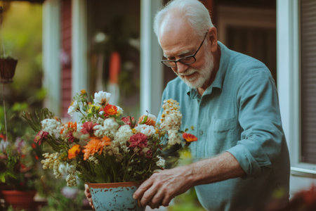 Elderly gardener arranging a colorful bouquet of flowers in a blue pot, enjoying his retirement in his house gardenの素材