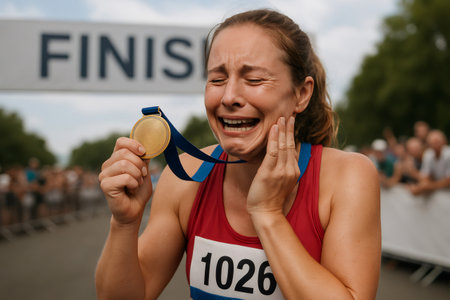 Exhausted marathon runner holding gold medal and crying with joy after crossing the finish lineの素材
