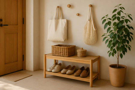 Stylish entryway showcasing a zero waste lifestyle with wooden furniture, reusable bags, and potted plant, promoting sustainability and simplicityの素材