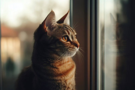 Tabby cat gazing out a window on a sunny day, soaking in the beautiful view and enjoying the warm, peaceful atmosphere at homeの素材
