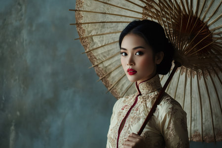 Studio portrait of a Burmese woman wearing traditional clothing and holding a parasol, showcasing cultural eleganceの素材