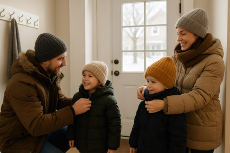 Parents and children dressed warmly, preparing for winter outside. Smiling and bonding in the cozy entrance of their homeの素材