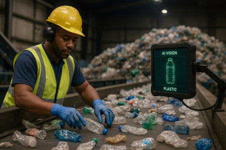 Worker using AI technology to sort plastic bottles at a recycling facility. Advanced digital display aids in efficient waste managementの素材