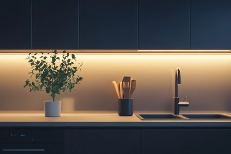 Sleek kitchen featuring matte black cabinets, clean lines, and under cabinet lighting. A potted plant and utensils add a touch of warmthの素材
