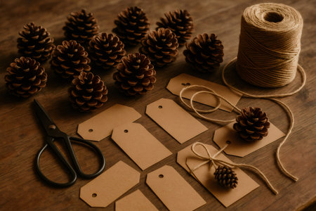 Rustic holiday decoration assembly featuring pinecones, brown tags, and twine on a wooden table, showcasing DIY craft materials and toolsの素材