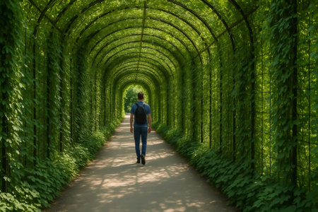Individual walking through an arched tunnel covered in vibrant green foliage, creating a serene and natural atmosphereの素材
