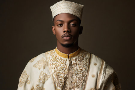 Studio portrait of a young African prince wearing traditional white and gold clothing and a white kufi hatの素材