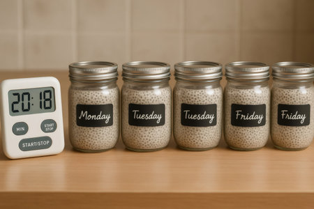 Five mason jars filled with chia pudding labeled for each weekday sit on a countertop beside a digital timer, emphasizing meal planning and preparationの素材