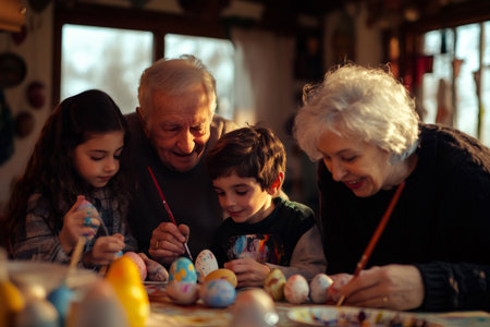 Grandparents and grandchildren enjoy quality time together, painting Easter eggs in a cozy home settingの素材