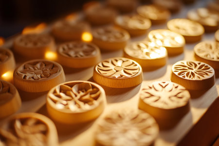 Warm lighting highlights the intricate details of handmade wooden ornaments, creating a cozy and inviting atmosphereの素材
