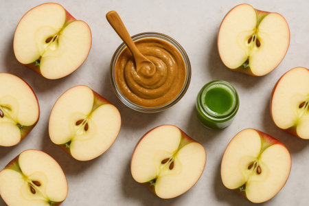 Sliced apples arranged with a bowl of creamy nut butter and a small bottle of green juice on a light background, showing a healthy snack optionの素材