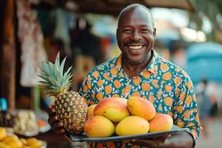 Happy Jamaican market vendor holding a tray of fresh mangoes and a pineapple, smiling and showcasing his tropical produceの素材