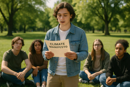 Young activist passionately reads a climate manifesto to a group of attentive students sitting on grass in a green park settingの素材