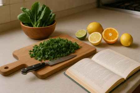 Fresh kale on a wooden board, surrounded by lemons, lime, and spinach, with an open cookbook on a kitchen countertop, inspiring culinary creativityの素材