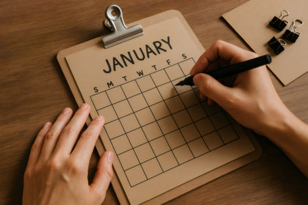 Hands gripping a black marker, writing on a January calendar laid out on a wooden desk, organizing plans and tasks for the month aheadの素材