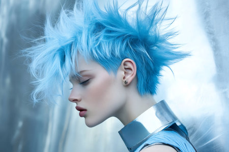 Fashion portrait of a model with spiky blue hair and metallic collar, showcasing a bold and editorial hairstyle conceptの素材