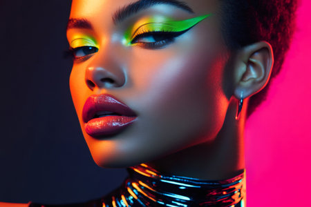 Beauty portrait featuring a fashion model showcasing vibrant neon editorial makeup while posing under a stunning array of colorful lightsの素材