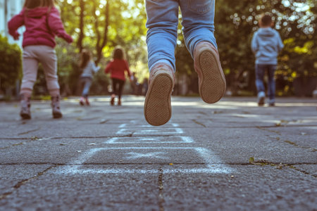 Group of children enjoying a sunny day in the park, playing hopscotch and sharing laughter while engaging in fun outdoor activitiesの素材