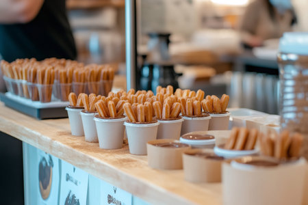 Delicious churros con chocolate standing upright in small paper cups, ready to be enjoyed as a sweet treatの素材