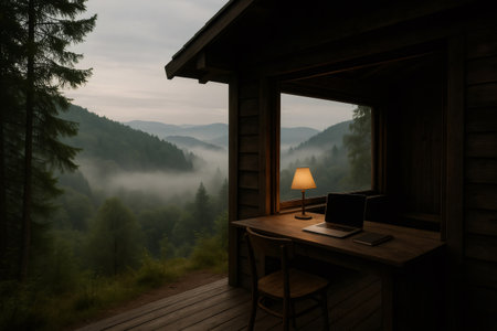 Laptop and notebook placed on a wooden desk inside a cozy cabin in the mountains, illuminated by a warm lamp at dawn, overlooking a foggy forestの素材