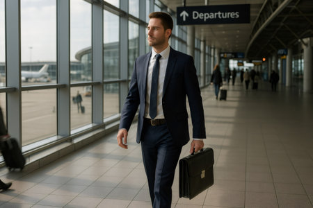 Businessman walking through airport terminal carrying briefcase while going to departure gatesの素材