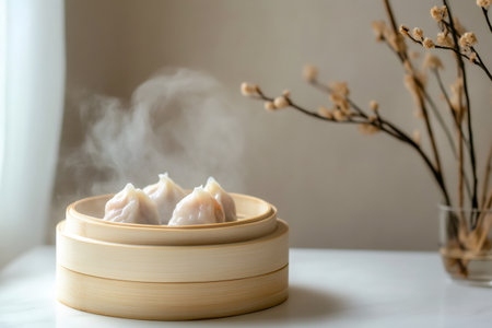 Freshly steamed dumplings releasing fragrant steam, served in a traditional bamboo steamer basket, creating an authentic culinary experienceの素材
