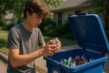Teen crushing aluminum cans for recycling in a suburban neighborhood, emphasizing environmental responsibility and sustainable practicesの素材
