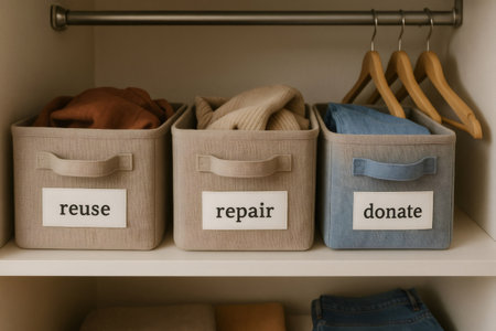 Storage boxes for clothes organization with reuse, repair and donate labels promoting sustainable fashion and declutteringの素材