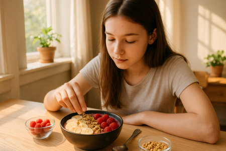 Teenager carefully decorating a smoothie bowl with fresh bananas and raspberries, creating a nutritious and colorful breakfast in a sunlit kitchenの素材