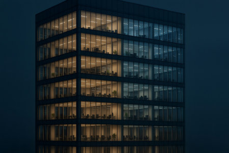 Illuminated modern office tower at night, showcasing glowing windows and busy professionals working inside, creating a vibrant urban sceneの素材