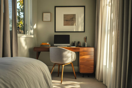 Modern home office desk situated in a cozy bedroom, with sunlight streaming through sheer curtains, creating a warm and inviting atmosphereの素材