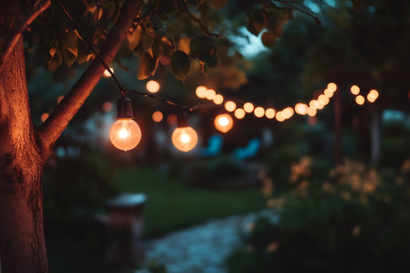 Creating a cozy atmosphere, warm string lights illuminate a garden, enhancing the tranquility of a summer evening during twilightの素材