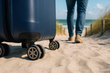 Blue suitcase on wheels resting on sandy beach while a tourist strolls toward the inviting sea, capturing the essence of vacation blissの素材