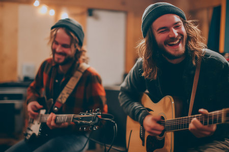 Two guitarists sharing laughter and creating music together, enjoying their time in a vibrant recording studio atmosphereの素材