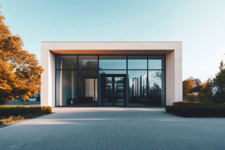 Sleek minimalist office building featuring large glass windows, surrounded by autumn trees, under a clear blue sky, showcasing contemporary architectureの素材