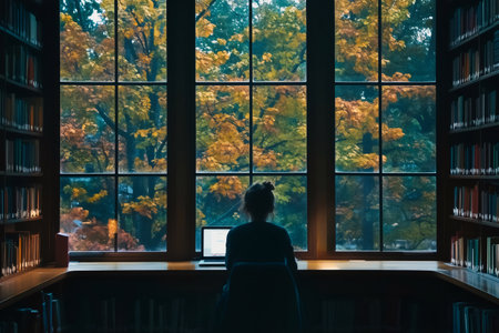 Young woman working on a laptop in a library with large windows showcasing beautiful autumn trees, creating a peaceful and inspiring study environmentの素材