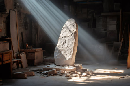 Light beams highlighting a monolithic half finished stone statue in a dark, dusty workshop, creating a dramatic atmosphereの素材
