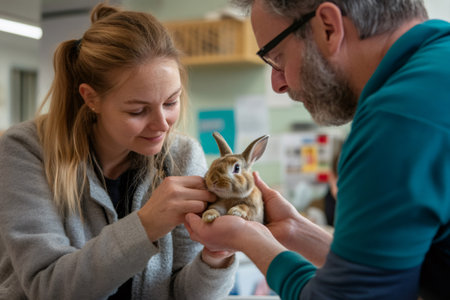 Veterinarian teaching a woman how to correctly hold a bunny, providing essential care tips for new pet ownersの素材