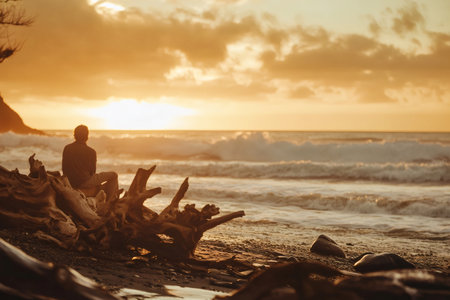 Sitting on driftwood at the beach, a man embraces the stunning ocean view during the golden hour, finding peace and tranquilityの素材