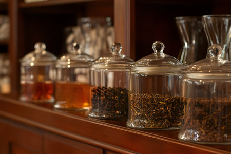 Various dried tea leaves are stored in glass jars sitting on a wooden shelf, ready to be used for brewing and enjoyedの素材