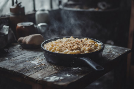 Comfort food macaroni and cheese steaming in a cast iron skillet, topped with crispy breadcrumbs, on a rustic wooden table in a cozy kitchen settingの素材